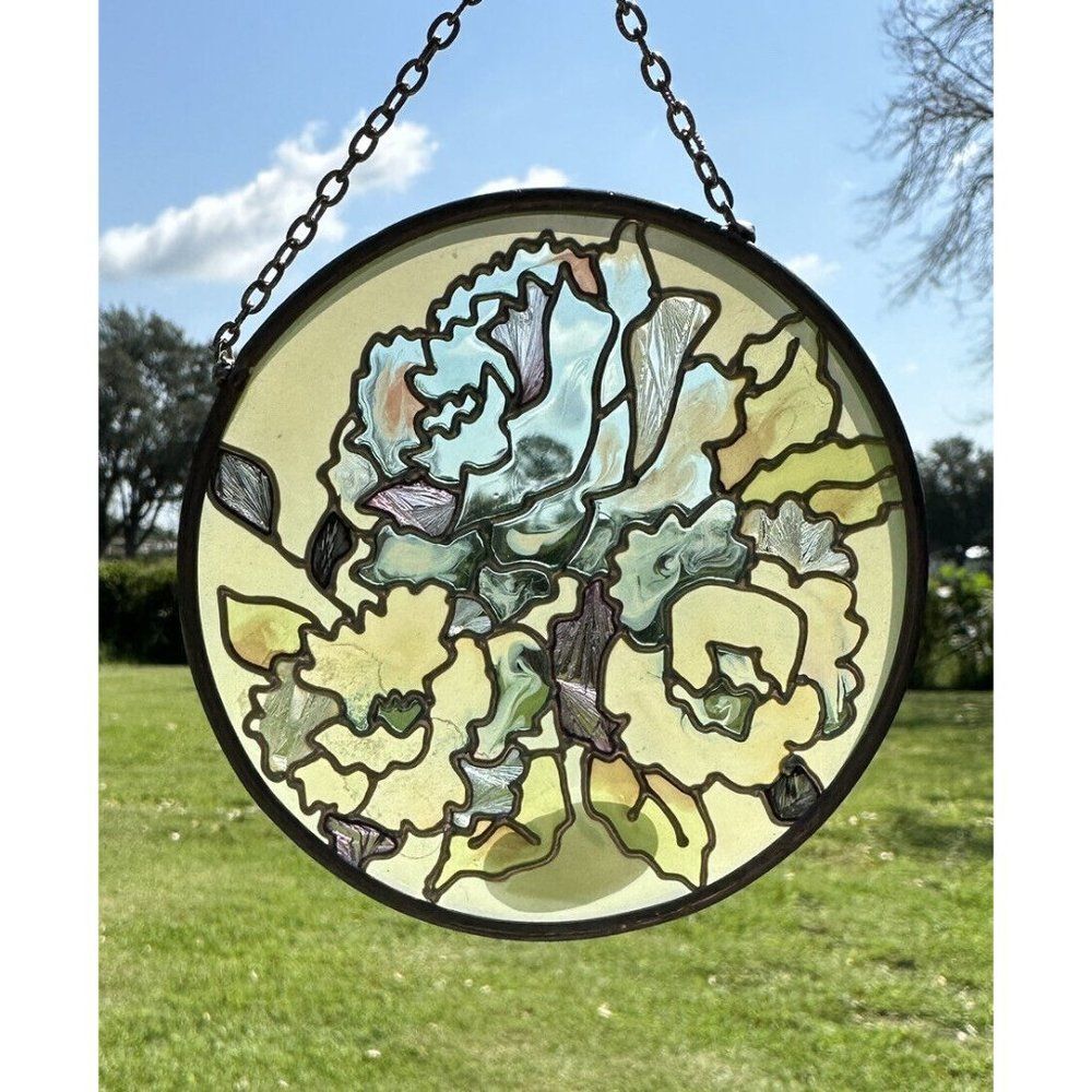 Vtg 90s Handpainted Joan Baker Stained Glass Flower Suncatcher Carnation
